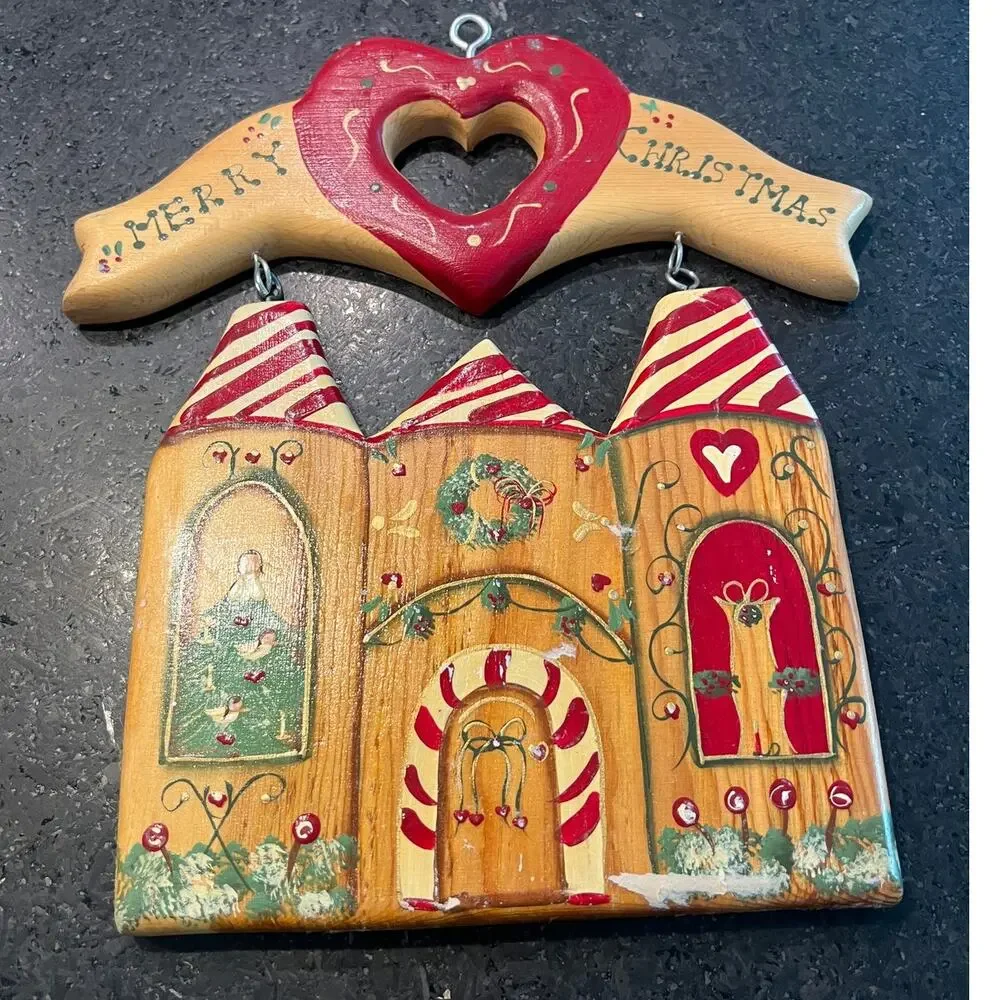 vintage 90s Merry Christmas wooden hanging decor folk art hand painted signed